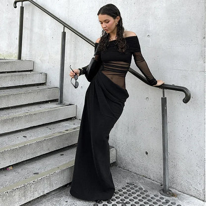 Elegant Mesh Patchwork Maxi Dress for Women Sexy Sheer Off Shoulder Slim Party Dress Autumn Fashion Long Sleeve Holidays Dress